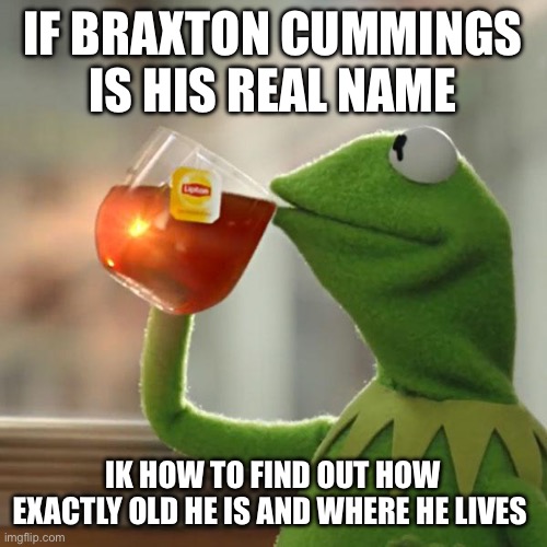 Permission to dox this pedophile? | IF BRAXTON CUMMINGS IS HIS REAL NAME; IK HOW TO FIND OUT HOW EXACTLY OLD HE IS AND WHERE HE LIVES | image tagged in memes,but that's none of my business,kermit the frog | made w/ Imgflip meme maker