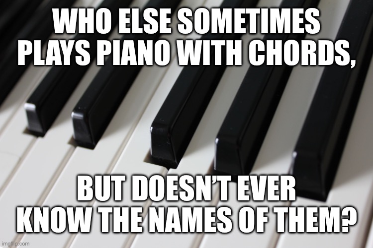 Piano | WHO ELSE SOMETIMES PLAYS PIANO WITH CHORDS, BUT DOESN’T EVER KNOW THE NAMES OF THEM? | image tagged in piano keys | made w/ Imgflip meme maker
