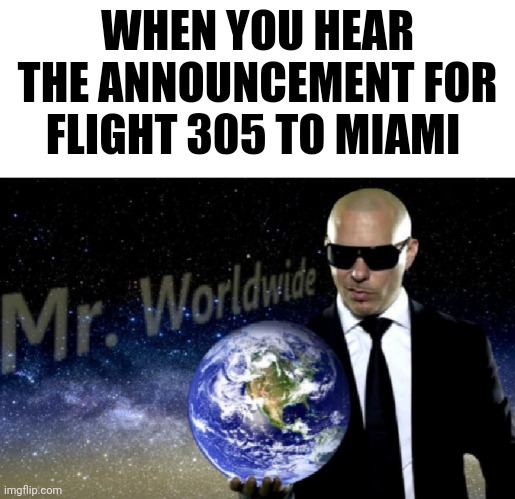 Mr. Worldwide | WHEN YOU HEAR THE ANNOUNCEMENT FOR FLIGHT 305 TO MIAMI | image tagged in mr worldwide | made w/ Imgflip meme maker