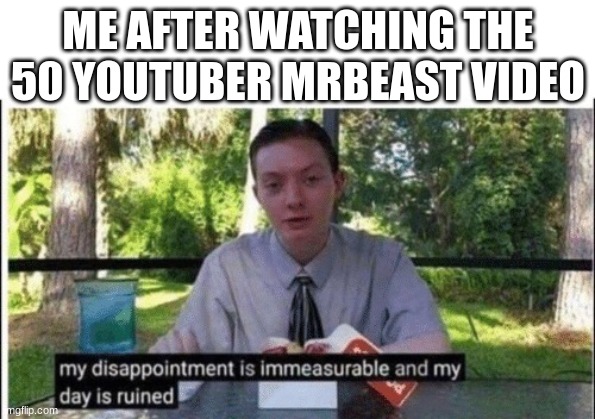 Comment who you think should've won. | ME AFTER WATCHING THE 50 YOUTUBER MRBEAST VIDEO | image tagged in my dissapointment is immeasurable and my day is ruined | made w/ Imgflip meme maker