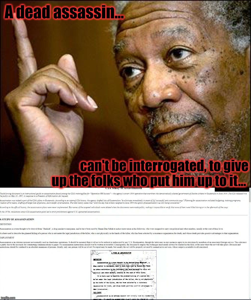A dead assassin... can't be interrogated, to give up the folks who put him up to it... | image tagged in this morgan freeman | made w/ Imgflip meme maker