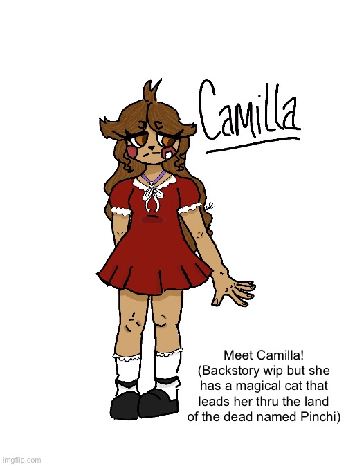Drawing Pinchi Soon! | Meet Camilla! (Backstory wip but she has a magical cat that leads her thru the land of the dead named Pinchi) | made w/ Imgflip meme maker