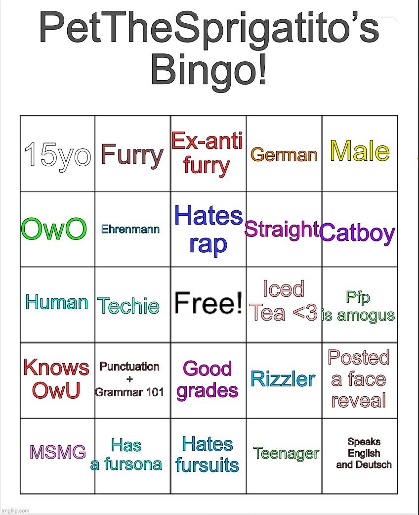 Yes | PetTheSprigatito’s Bingo! Ex-anti furry; Furry; Male; 15yo; German; Hates rap; OwO; Catboy; Straight; Ehrenmann; Iced Tea <3; Human; Pfp is amogus; Techie; Knows OwU; Punctuation + Grammar 101; Posted a face reveal; Rizzler; Good grades; Has a fursona; Speaks English and Deutsch; MSMG; Hates fursuits; Teenager | image tagged in blank bingo | made w/ Imgflip meme maker