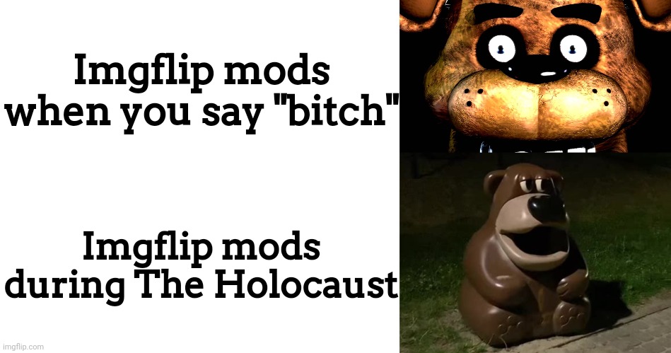 ㅤ | Imgflip mods when you say "bitch"; Imgflip mods during The Holocaust | image tagged in blank white template,staring freddy,glasdon bear,imgflip,mods,imgflip mods | made w/ Imgflip meme maker