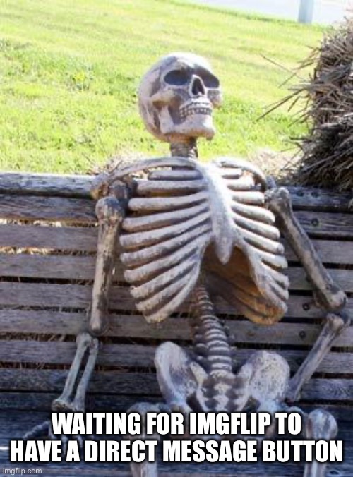 How can I DM here? | WAITING FOR IMGFLIP TO HAVE A DIRECT MESSAGE BUTTON | image tagged in memes,waiting skeleton | made w/ Imgflip meme maker