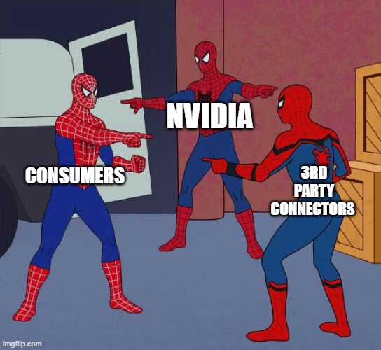 Spider Man Triple | NVIDIA; CONSUMERS; 3RD PARTY CONNECTORS | image tagged in spider man triple | made w/ Imgflip meme maker