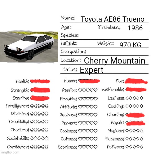 Profile card (Remastered) | Toyota AE86 Trueno; 1986; 970 KG; Cherry Mountain; Expert | image tagged in profile card,toyota ae86 trueno rumblesushi 3d | made w/ Imgflip meme maker