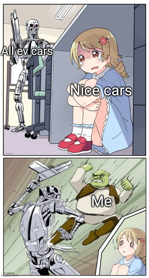 shrek killing terminator | All ev cars; Nice cars; Me | image tagged in shrek killing terminator | made w/ Imgflip meme maker