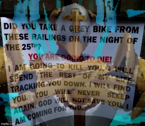 gabriel | image tagged in ultrakill,garbriel,thief,bike,warning,mad | made w/ Imgflip meme maker