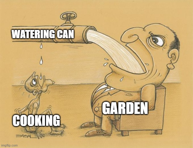 Meme Cafe Cosmos by 0x | WATERING CAN; GARDEN; COOKING | image tagged in greedy pipe man,memes,cafe cosmos | made w/ Imgflip meme maker