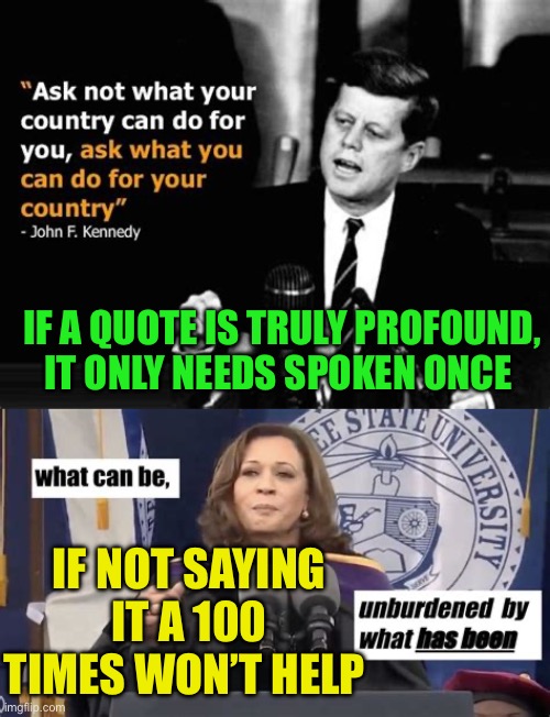 Profound vs. dumbfound | IF A QUOTE IS TRULY PROFOUND, IT ONLY NEEDS SPOKEN ONCE; IF NOT SAYING IT A 100 TIMES WON’T HELP | image tagged in gifs,democrat,kamala harris,vice president,dumb | made w/ Imgflip meme maker