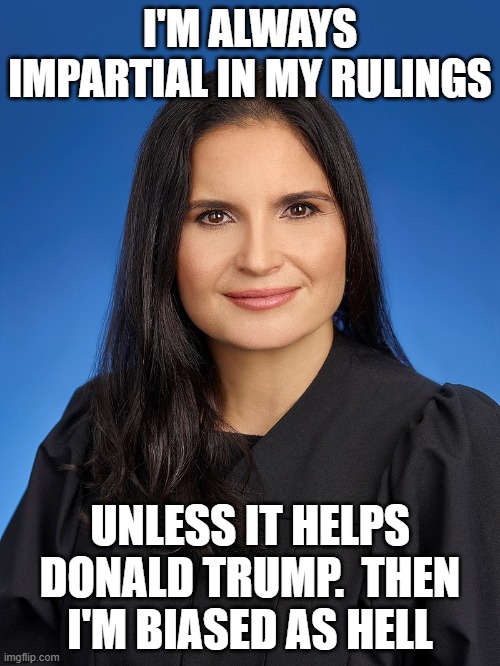 I'M ALWAYS IMPARTIAL IN MY RULINGS; UNLESS IT HELPS DONALD TRUMP.  THEN I'M BIASED AS HELL | image tagged in judge cannon | made w/ Imgflip meme maker