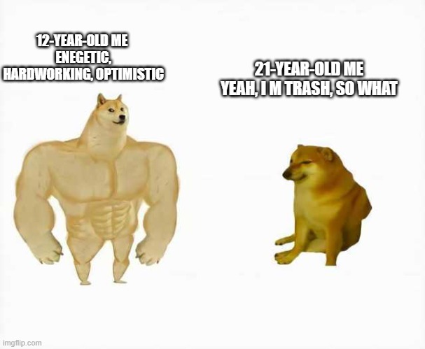 Strong dog vs weak dog | 12-YEAR-OLD ME 
ENEGETIC, HARDWORKING, OPTIMISTIC; 21-YEAR-OLD ME
YEAH, I M TRASH, SO WHAT | image tagged in strong dog vs weak dog | made w/ Imgflip meme maker