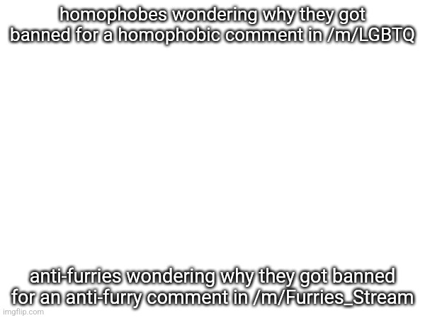 homophobes wondering why they got banned for a homophobic comment in /m/LGBTQ; anti-furries wondering why they got banned for an anti-furry comment in /m/Furries_Stream | made w/ Imgflip meme maker