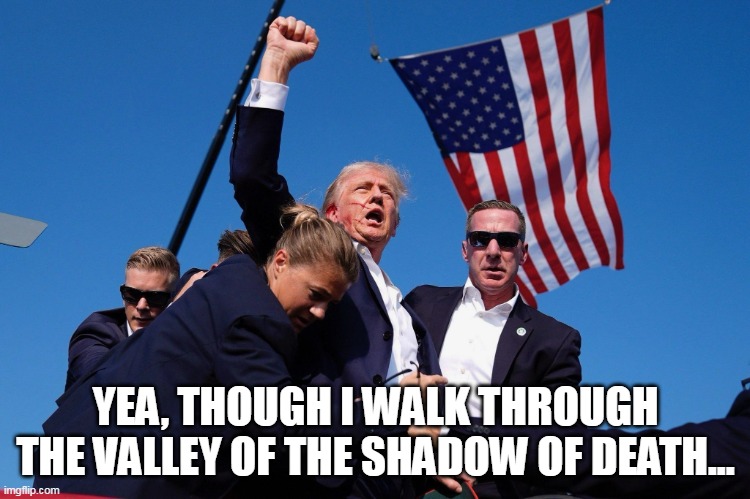 Trump Never Surrender | YEA, THOUGH I WALK THROUGH THE VALLEY OF THE SHADOW OF DEATH... | image tagged in trump never surrender | made w/ Imgflip meme maker