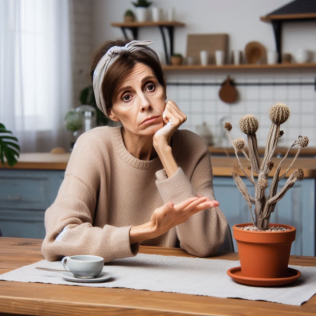 Woman at table with cactus Blank Meme Template