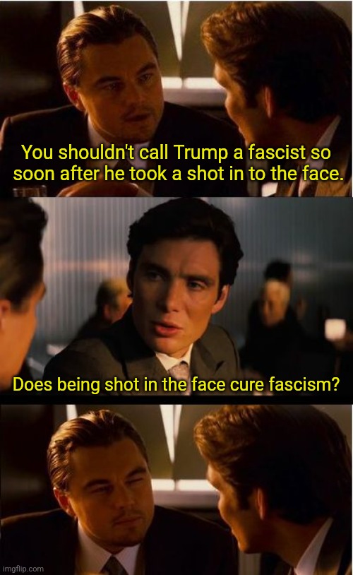 Inception | You shouldn't call Trump a fascist so
 soon after he took a shot in to the face. Does being shot in the face cure fascism? | image tagged in memes,inception | made w/ Imgflip meme maker