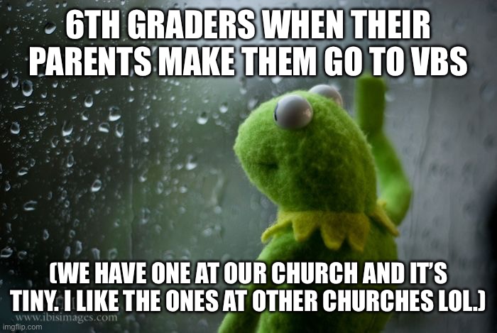:/ | 6TH GRADERS WHEN THEIR PARENTS MAKE THEM GO TO VBS; (WE HAVE ONE AT OUR CHURCH AND IT’S TINY. I LIKE THE ONES AT OTHER CHURCHES LOL.) | image tagged in kermit window | made w/ Imgflip meme maker