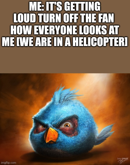 angry birds blue | ME: IT'S GETTING LOUD TURN OFF THE FAN 
HOW EVERYONE LOOKS AT ME [WE ARE IN A HELICOPTER] | image tagged in angry birds blue | made w/ Imgflip meme maker