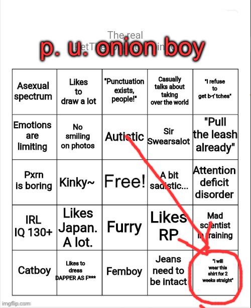 The real petthesprigstito bingo | p. u. onion boy | image tagged in the real petthesprigstito bingo | made w/ Imgflip meme maker