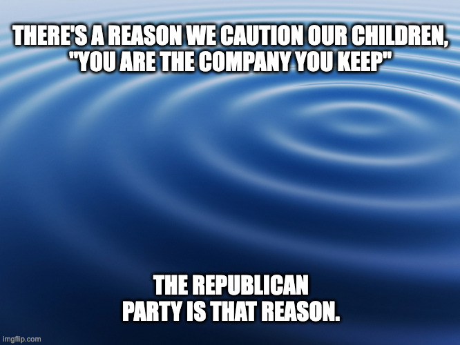 you are the company you keep | THERE'S A REASON WE CAUTION OUR CHILDREN,
"YOU ARE THE COMPANY YOU KEEP"; THE REPUBLICAN PARTY IS THAT REASON. | image tagged in calm water | made w/ Imgflip meme maker