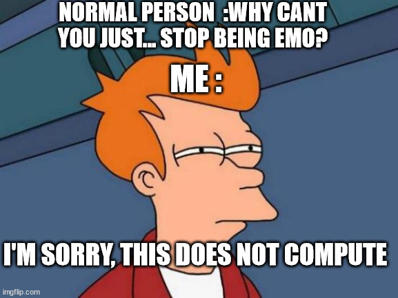 THIS DOES NOT COMPUTE | NORMAL PERSON  :WHY CANT YOU JUST... STOP BEING EMO? ME :; I'M SORRY, THIS DOES NOT COMPUTE | image tagged in memes,futurama fry | made w/ Imgflip meme maker