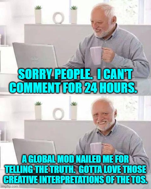 I'm stuck on a timer . . . . | SORRY PEOPLE.  I CAN'T COMMENT FOR 24 HOURS. A GLOBAL MOD NAILED ME FOR TELLING THE TRUTH.  GOTTA LOVE THOSE CREATIVE INTERPRETATIONS OF THE TOS. | image tagged in hide the pain harold | made w/ Imgflip meme maker