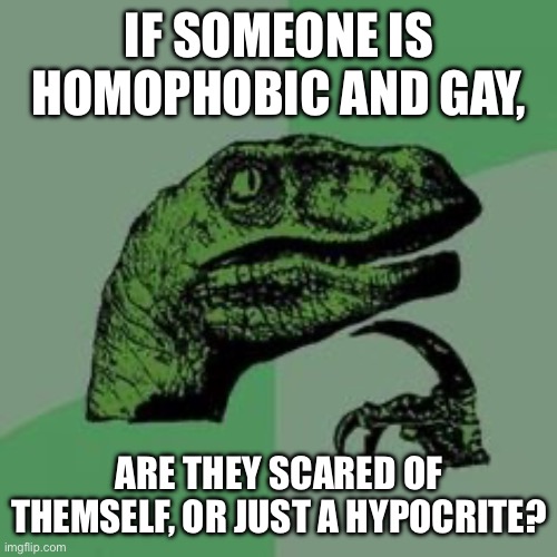 Yes I know homophobic doesn’t mean scared of gays but shut up | IF SOMEONE IS HOMOPHOBIC AND GAY, ARE THEY SCARED OF THEMSELF, OR JUST A HYPOCRITE? | image tagged in time raptor | made w/ Imgflip meme maker