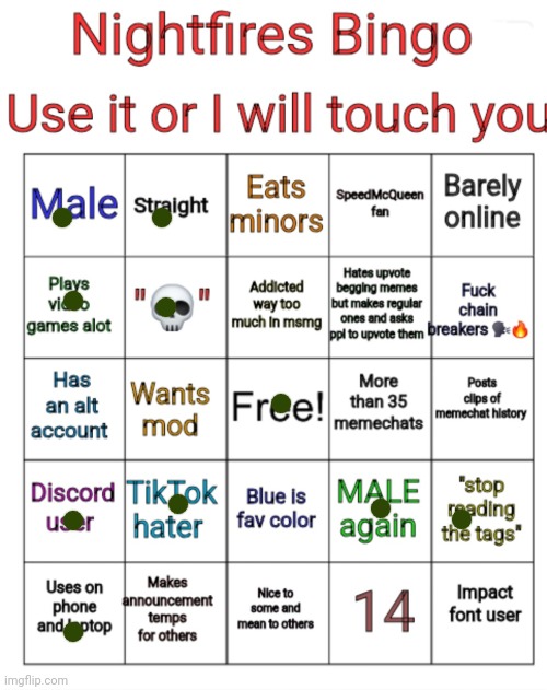 Nightfires new bingo | image tagged in nightfires new bingo,why are you reading the tags,you have been eternally cursed for reading the tags | made w/ Imgflip meme maker