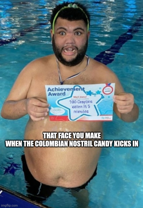 Harvey Price Eats Crayons | THAT FACE YOU MAKE
WHEN THE COLOMBIAN NOSTRIL CANDY KICKS IN | image tagged in harvey price | made w/ Imgflip meme maker