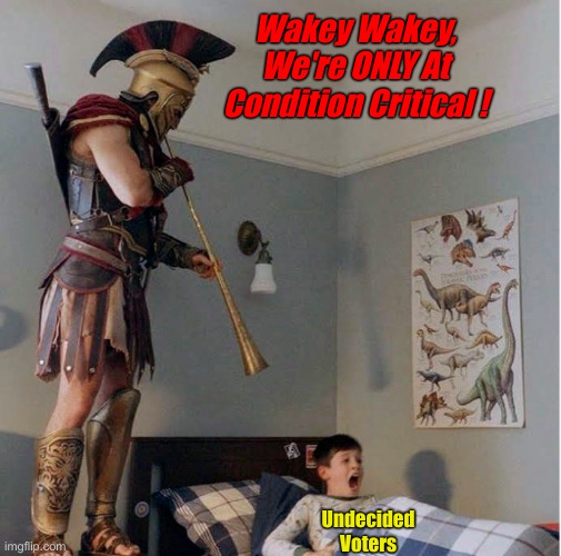 Undecided Voters | Wakey Wakey, We're ONLY At Condition Critical ! Undecided
Voters | image tagged in alexios wake up call,political meme,politics,funny memes,funny | made w/ Imgflip meme maker