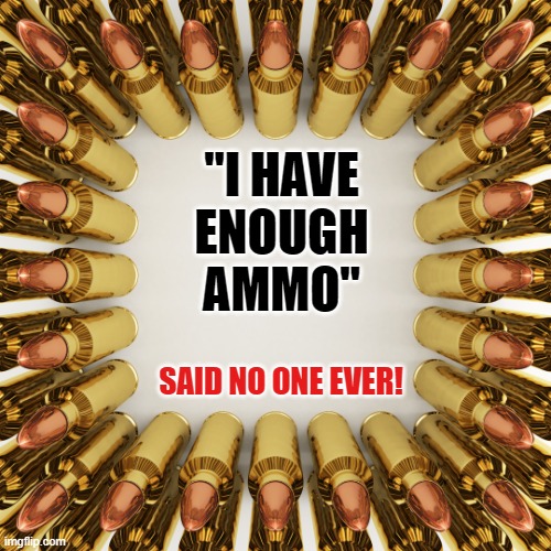 2nd Amendment | "I HAVE
ENOUGH
AMMO"; SAID NO ONE EVER! | image tagged in ammo,gun rights,right to bear arms,humor,guns,memes | made w/ Imgflip meme maker