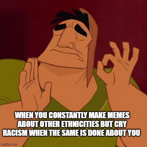 muh racism | WHEN YOU CONSTANTLY MAKE MEMES ABOUT OTHER ETHNICITIES BUT CRY RACISM WHEN THE SAME IS DONE ABOUT YOU | image tagged in pacha perfect,iran,persian,iranian,funny memes,passive aggressive racism | made w/ Imgflip meme maker