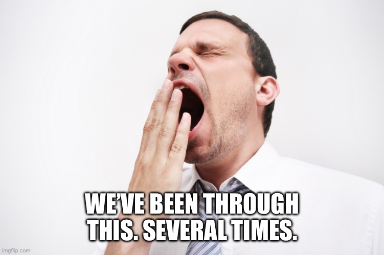 yawn | WE’VE BEEN THROUGH THIS. SEVERAL TIMES. | image tagged in yawn | made w/ Imgflip meme maker