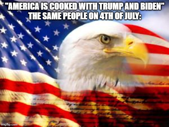 11 days late for celebrating 'murica | "AMERICA IS COOKED WITH TRUMP AND BIDEN"
THE SAME PEOPLE ON 4TH OF JULY: | image tagged in american flag,'murica | made w/ Imgflip meme maker