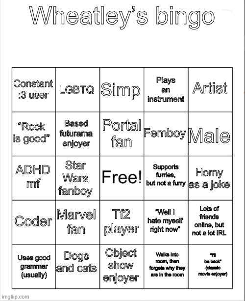 Resubmitting it here so more people can see :/ | image tagged in wheatleys bingo | made w/ Imgflip meme maker