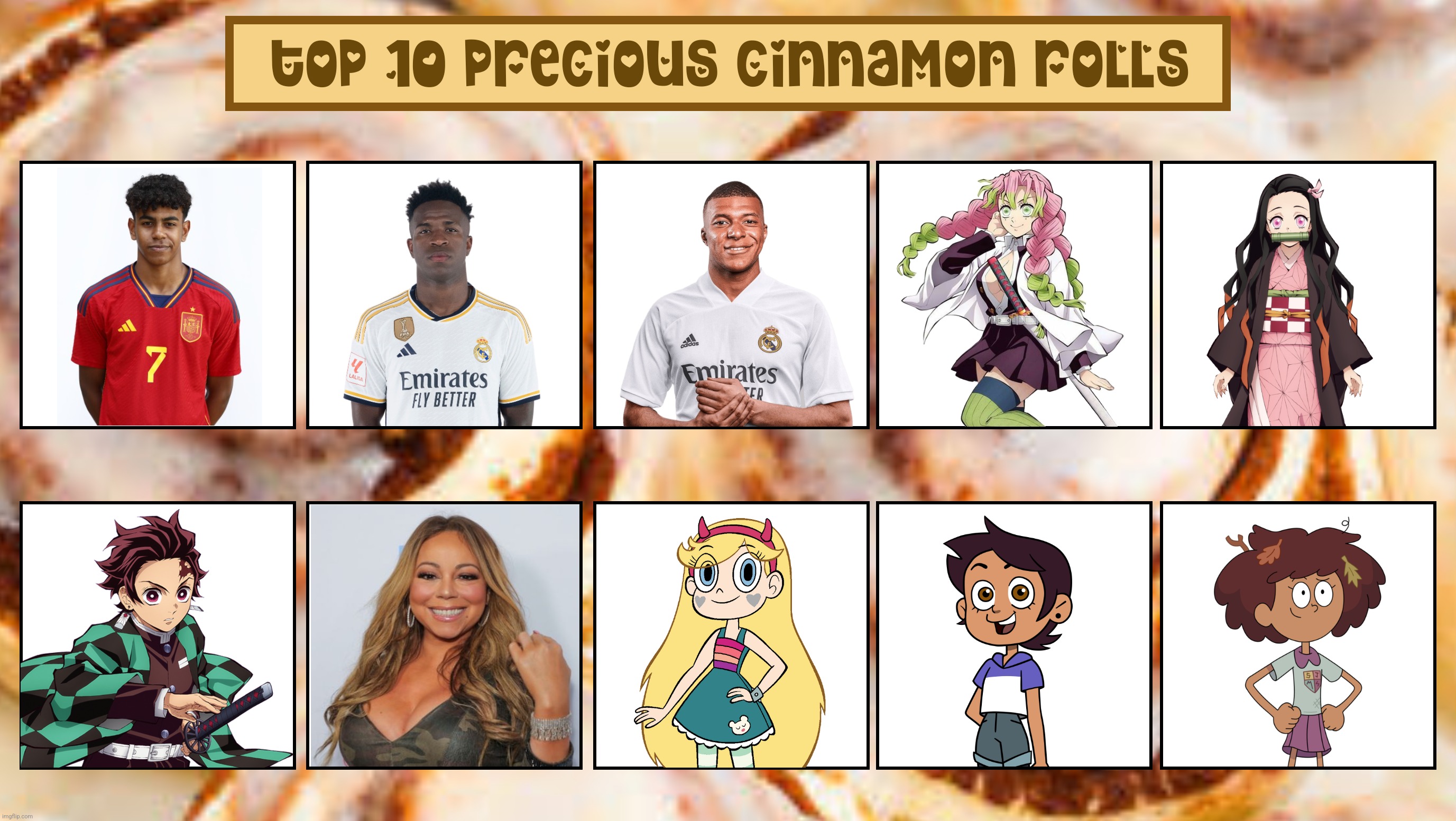 MAH Top 10 Cinnamon Rolls (devious meme template) PART 2!!! | image tagged in yamal,mbappe,vinicius,demon slayer nezuko,disney,memes | made w/ Imgflip meme maker