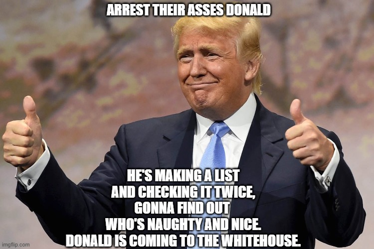 donald trump winning | ARREST THEIR ASSES DONALD; HE'S MAKING A LIST
AND CHECKING IT TWICE,
GONNA FIND OUT 
WHO'S NAUGHTY AND NICE.
DONALD IS COMING TO THE WHITEHOUSE. | image tagged in donald trump winning | made w/ Imgflip meme maker