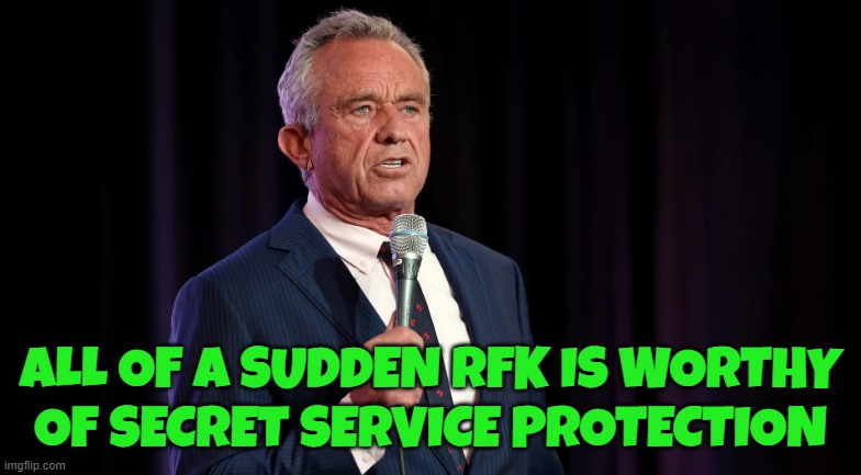 To protect democracy my ass | ALL OF A SUDDEN RFK IS WORTHY OF SECRET SERVICE PROTECTION | image tagged in kennedy,secret service,tds,trump derangement syndrome,maga,make america great again | made w/ Imgflip meme maker