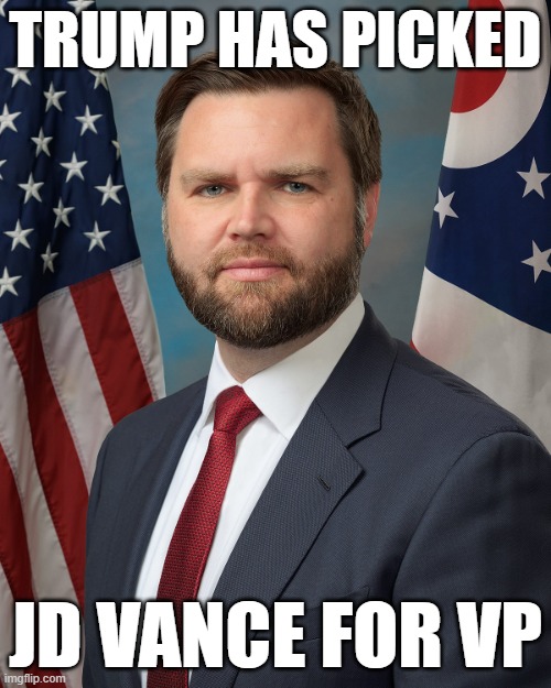 Your Thoughts!! | TRUMP HAS PICKED; JD VANCE FOR VP | image tagged in jd vance,republican,vice president | made w/ Imgflip meme maker
