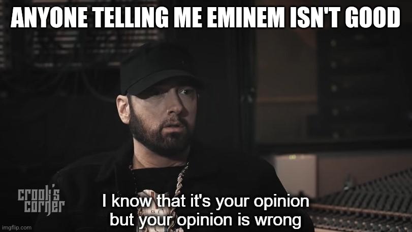 Random | ANYONE TELLING ME EMINEM ISN'T GOOD | image tagged in i know that it's your opinion but your opinion is wrong,eminem funny | made w/ Imgflip meme maker