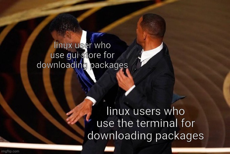 Will Smith Slap | linux user who use gui store for downloading packages; linux users who use the terminal for downloading packages | image tagged in memes,will smith slap,linux,lol | made w/ Imgflip meme maker