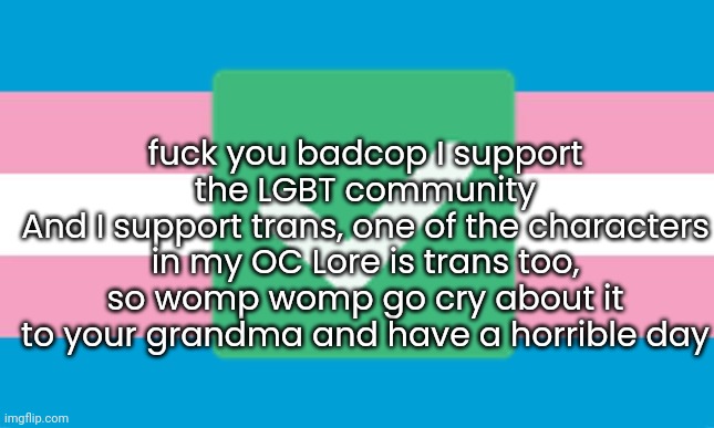 I wanted to post this in the citadel but nevermind I guess | fuck you badcop I support the LGBT community
And I support trans, one of the characters in my OC Lore is trans too, so womp womp go cry about it to your grandma and have a horrible day | image tagged in transgender flag | made w/ Imgflip meme maker