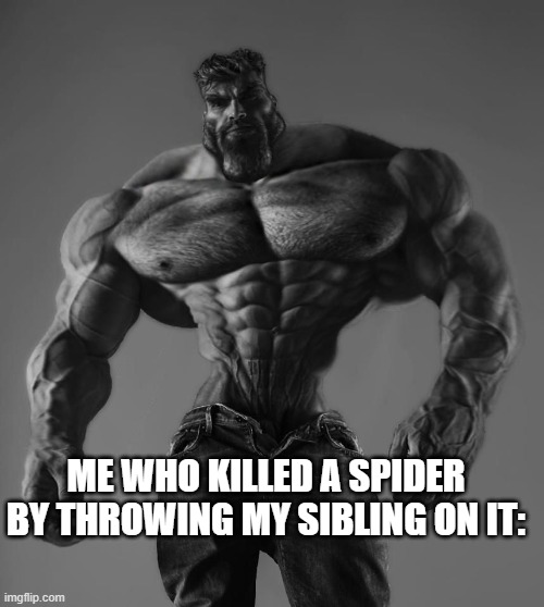 GigaChad | ME WHO KILLED A SPIDER BY THROWING MY SIBLING ON IT: | image tagged in gigachad | made w/ Imgflip meme maker