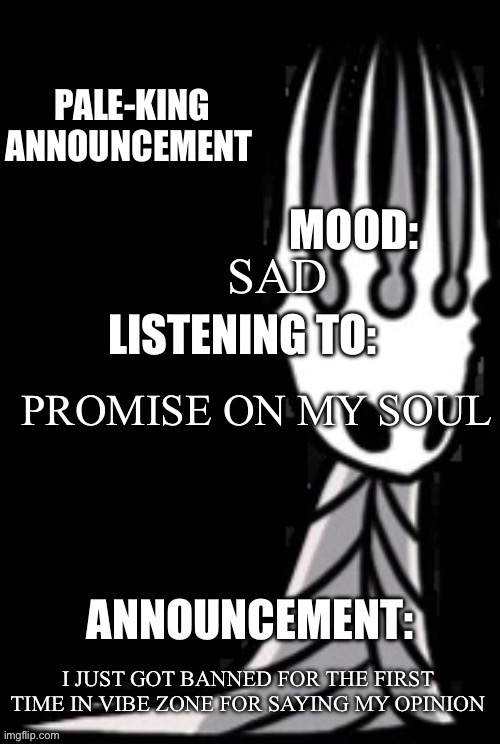 Why | SAD; PROMISE ON MY SOUL; I JUST GOT BANNED FOR THE FIRST TIME IN VIBE ZONE FOR SAYING MY OPINION | image tagged in pale-king announcement template | made w/ Imgflip meme maker