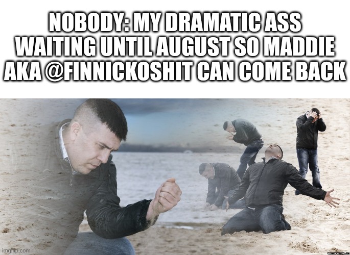 MADDDDIIIIIEE COME BACK FROM CAMP | NOBODY: MY DRAMATIC ASS WAITING UNTIL AUGUST SO MADDIE AKA @FINNICKOSHIT CAN COME BACK | image tagged in blank white template,guy with sand in the hands of despair | made w/ Imgflip meme maker