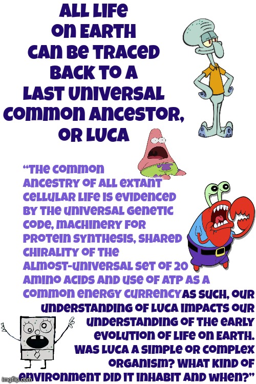 It's A Little Dense But It Actually Is Wicked Cool Info.  May Need A Dictionary Though.  I Did. | All life on Earth can be traced back to a Last Universal Common Ancestor,
or LUCA; “The common ancestry of all extant cellular life is evidenced by the universal genetic code, machinery for protein synthesis, shared chirality of the almost-universal set of 20 amino acids and use of ATP as a
common energy currency; As such, our understanding of LUCA impacts our understanding of the early evolution of life on Earth. Was LUCA a simple or complex organism? What kind of environment did it inhabit and when?” | image tagged in wicked,wicked cool,information,now you know,knowing is half the battle,memes | made w/ Imgflip meme maker