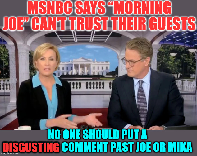 I'm disgusted | MSNBC SAYS “MORNING JOE” CAN'T TRUST THEIR GUESTS; DISGUSTING; NO ONE SHOULD PUT A DISGUSTING COMMENT PAST JOE OR MIKA | image tagged in vile,morning show,part of the instigators of hate,promotes violence | made w/ Imgflip meme maker