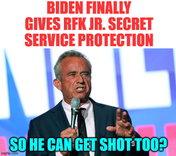 Are they then going to pull part of that detail to protect Jill too? | BIDEN FINALLY GIVES RFK JR. SECRET SERVICE PROTECTION; SO HE CAN GET SHOT TOO? | image tagged in rfk jr,criminal biden,secret service protection | made w/ Imgflip meme maker