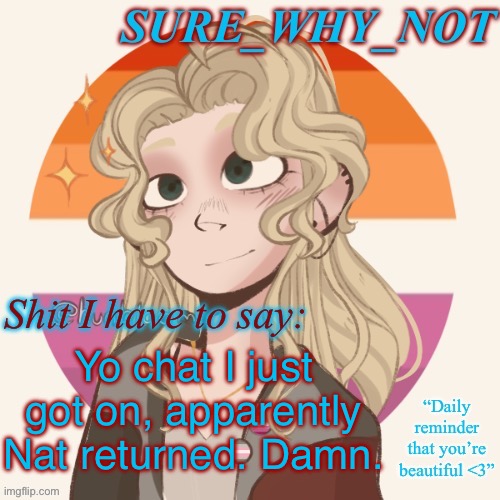 And apparently there’s a gag where we pretend she’s a new user? I can say this because she has me blocked | Yo chat I just got on, apparently Nat returned. Damn. | image tagged in swn announcement template version 2 | made w/ Imgflip meme maker